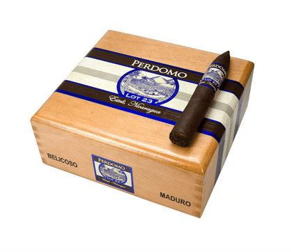 Premium Perdomo Lot 23 Maduro cigar in a wooden box, showcasing the dark, oily wrapper and detailed branding for a luxurious smoking experience.