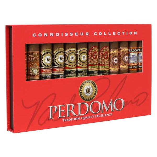 Assorted Perdomo Connoisseur Collection Epicure Sungrown premium cigars in a sampler box with sun-grown wrappers.