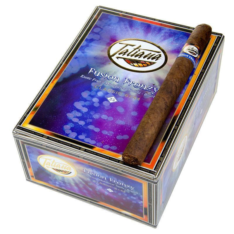 Close-up of Tatiana Classic Fusion Frenzy flavored premium cigars with colorful packaging and branding details.