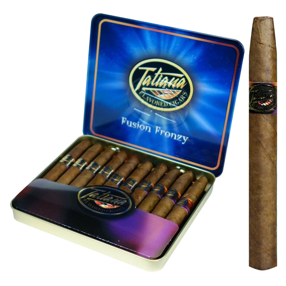 Tatiana Mini Fusion Frenzy cigarillos in a small tin, premium cigars by Tatiana, featuring a sleek design and rich packaging.