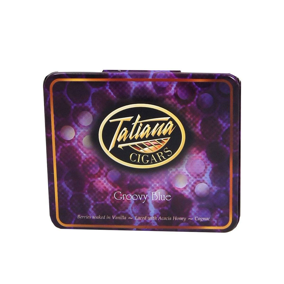 Tatiana Petite Groovy Blue premium cigar with blue tin cover, showcasing the small, elegant cigar in a close-up view.