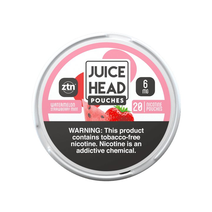 Juice Head smokeless pouch with watermelon, strawberry, and mint flavor, showing the colorful pouch design.