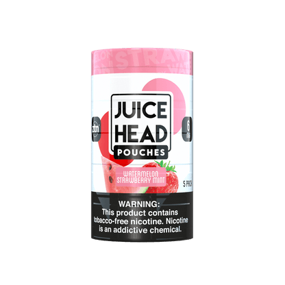 Juice Head smokeless pouch with watermelon, strawberry, and mint flavor in a colorful sleeve design.