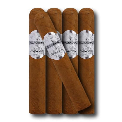 Box of Macanudo Inspirado White premium cigars, featuring five robusto-sized cigars with white and gold band details.