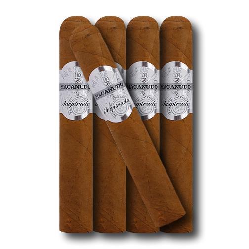 Box of Macanudo Inspirado White premium cigars, featuring five robusto-sized cigars with white and gold band details.