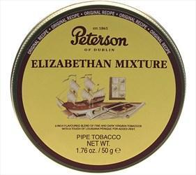 Peterson Elizabethan Mixture pipe tobacco in a tin, showcasing the classic packaging of this aromatic pipe tobacco blend.