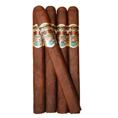 A pack of five Alec Bradley Prensado Churchill premium cigars with dark brown wrappers and detailed band labels.