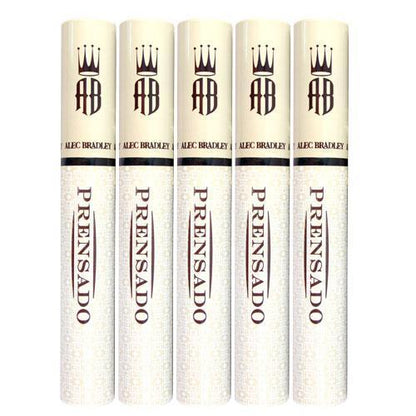 Alec Bradley Prensado premium cigars in a 5-pack box, showcasing the cigars with dark brown wrappers and branded packaging.