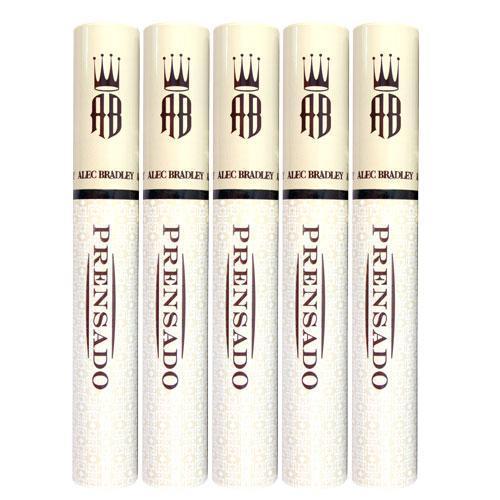 Alec Bradley Prensado premium cigars in a 5-pack box, showcasing the cigars with dark brown wrappers and branded packaging.