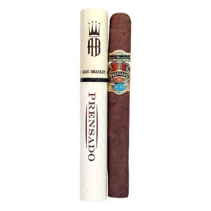 A single Alec Bradley Prensado premium cigar in a sleek wrapper, showcasing its smooth, dark finish.
