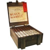 A box of Alec Bradley Black Market Churchill premium cigars with 22 cigars displayed in a sleek packaging.