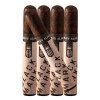 Alec Bradley Black Market premium cigars in a 5-pack with dark wrappers and band labels, displayed in a row.