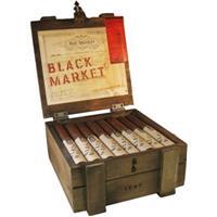 Alec Bradley Black Market Toro premium cigars in a 22-count box, showcasing dark, oily cigar wrappers with band labels.