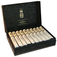 A box of Alec Bradley Prensado premium cigars in tubos, featuring dark brown wrappers and gold accents on the packaging.