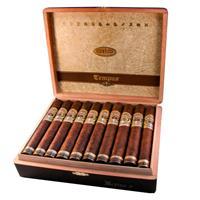 A box of Alec Bradley Tempus Medius premium cigars with 20 cigars inside, showcasing the elegant packaging and cigar bands.