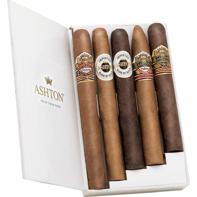 Assorted Ashton Premium Cigars sampler featuring five different cigars with varied sizes and band designs.