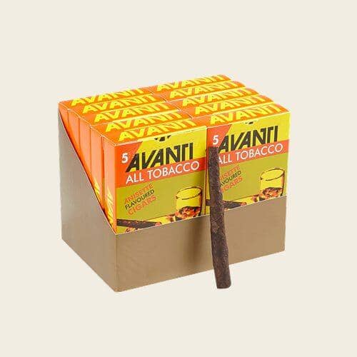 Machine made Avanti Cherry Cigar with red and brown wrapper, displayed for smoking enjoyment.