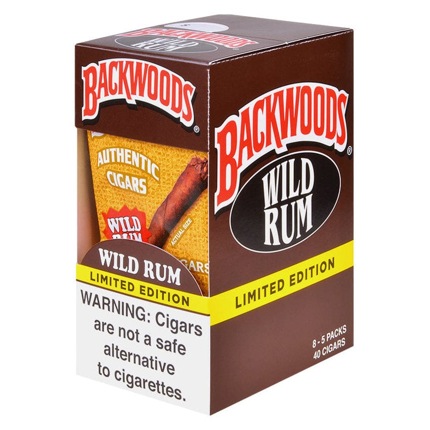 Machine-made Backwoods Wild Rum Cigars with distinctive packaging and band, showcasing the rugged, flavorful cigar design.