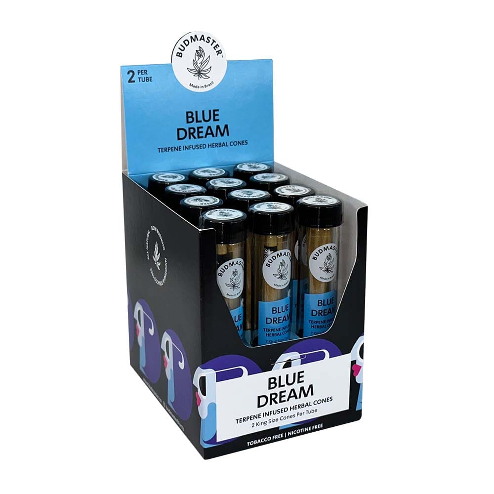 Budmaster Cones Blue Dream cigar cones with blue packaging, featuring the brand logo and cone-shaped design.