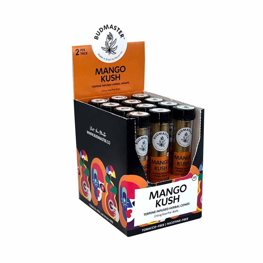 Budmaster Mango Kush cigar cones featuring vibrant packaging and tightly rolled cone with Mango Kush strain branding.