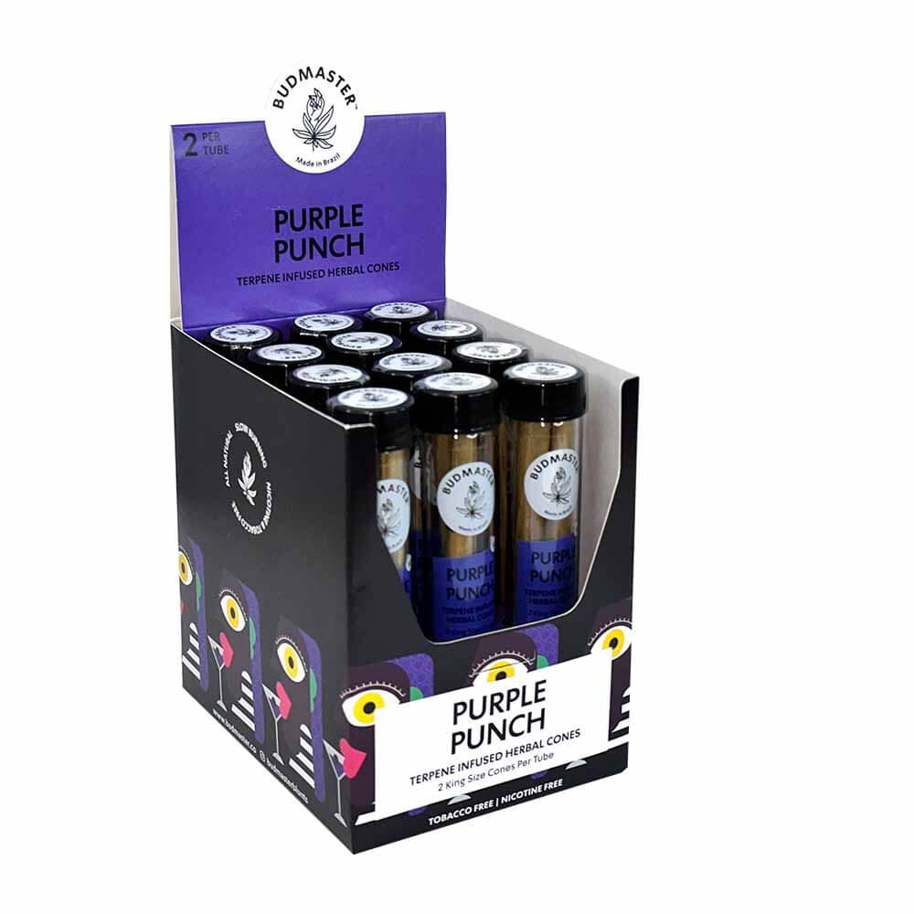 Budmaster Cones Purple Punch cigar cones with vibrant purple packaging and premium cannabis inside.
