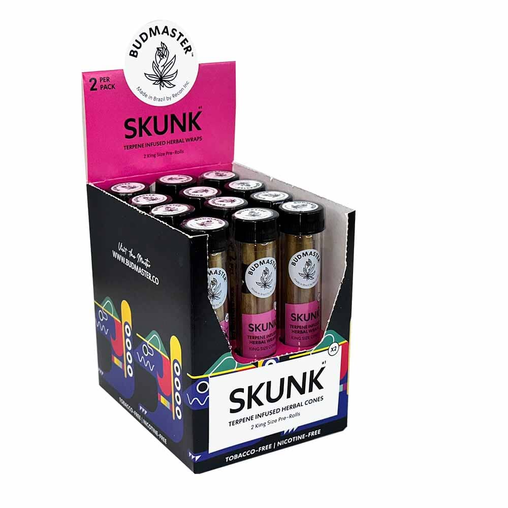 Budmaster Cones Skunk cigar cones with Skunk strain branding, featuring natural rolling paper and a tapered shape for easy packing.
