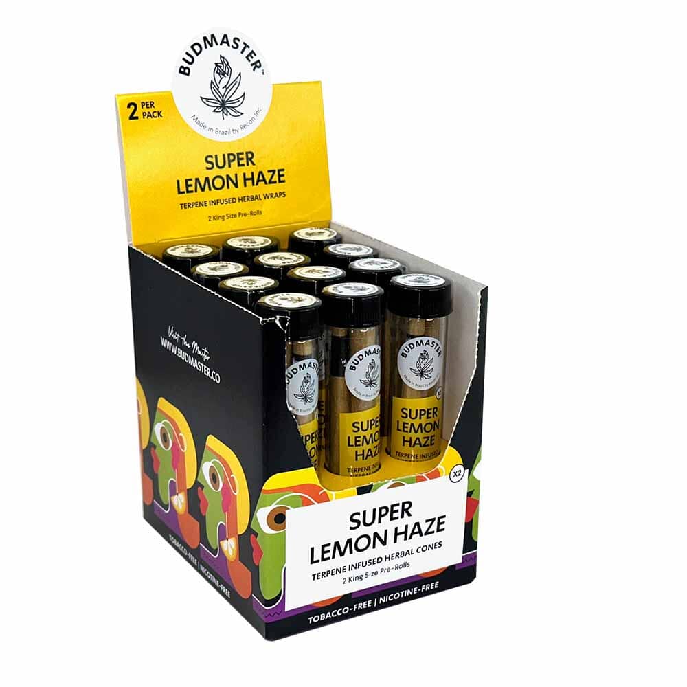 Budmaster Cones Lemon Haze cigar cones with citrus-flavored, pre-rolled cannabis inside, showcasing vibrant packaging and product details.