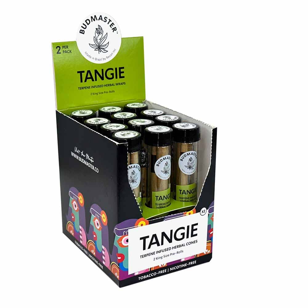 Budmaster Cones Tangie cigar cones shown, featuring natural orange and green packaging with the cigar cones inside.