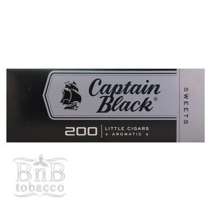Captain Black Sweets Little Cigars carton with 200 sweet-flavored cigars, displayed in a rectangular box.