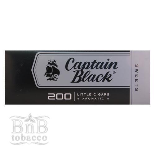 Captain Black Sweets Little Cigars carton with 200 sweet-flavored cigars, displayed in a rectangular box.