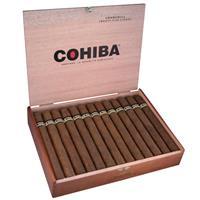 Cohiba premium cigars in a box, featuring 25 Churchill-sized cigars with dark brown wrappers and elegant banding.