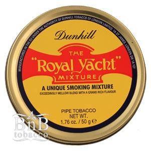 Peterson Royal Yacht pipe tobacco tin with 50g of premium pipe tobacco in a metal container, featuring a detailed label and colorful design.