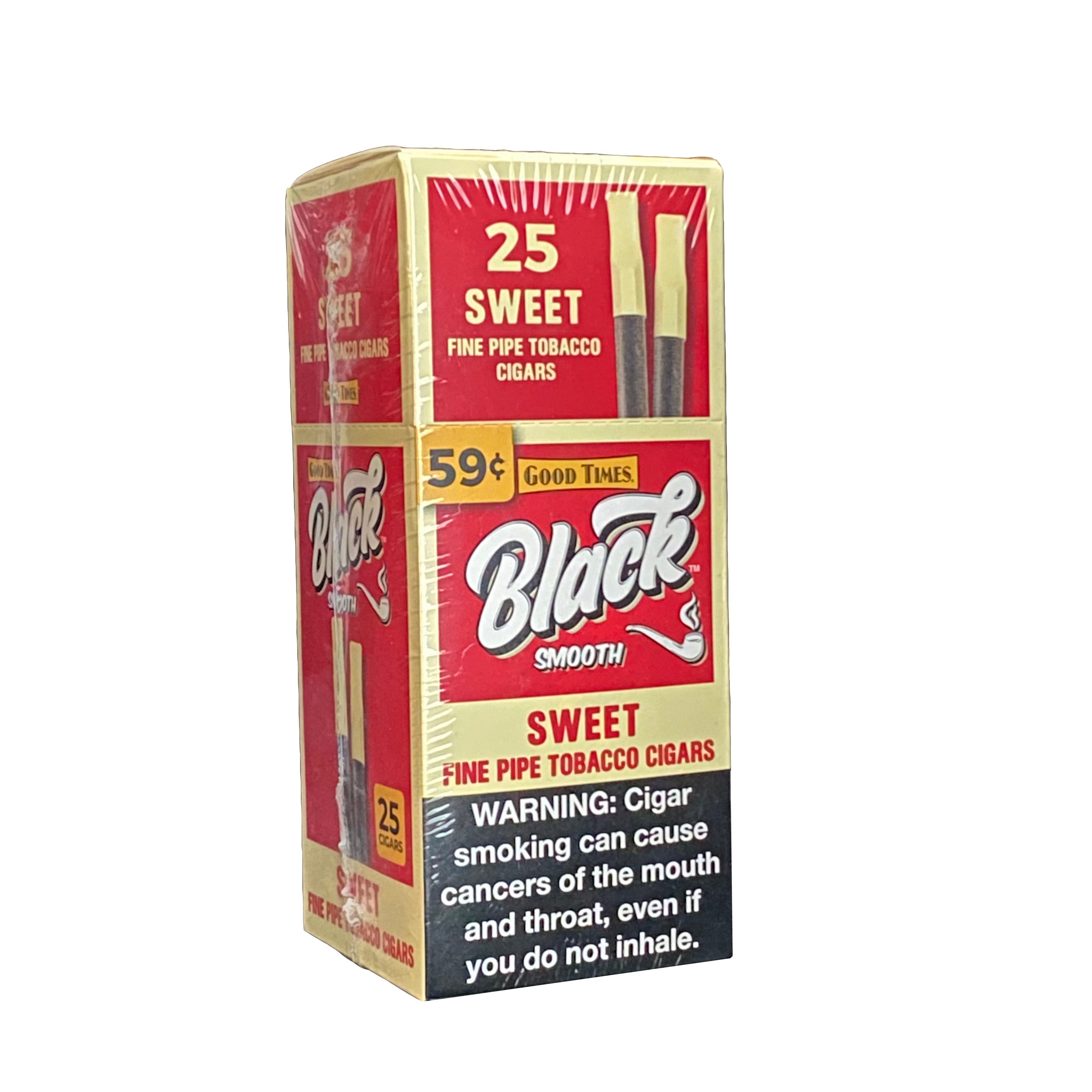 Machine-made Good Times Black Smooth Sweet Cigars with dark wrapper and smooth texture, displayed in a close-up image.