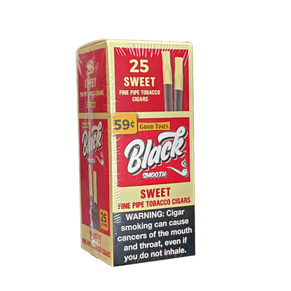Machine-made Good Times Black Smooth Sweet Cigars with dark wrapper and smooth texture, displayed in a close-up image.