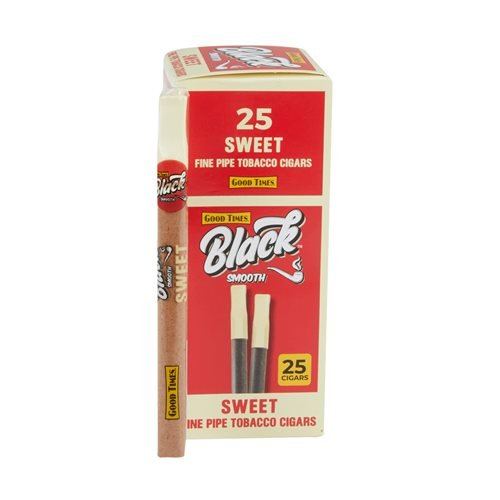 Machine-made Good Times Black Smooth Sweet Cigars displayed in a row, showcasing their dark smooth wrappers.