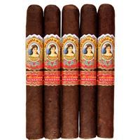 Five La Aroma de Cuba Mi Amor Reserva premium cigars in a pack, featuring dark, oily wrappers and elegant band details.