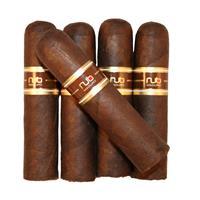 Assorted Nub Maduro premium cigars in a 5-pack with dark, rich wrappers and detailed band labels, displayed on a wooden surface.