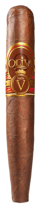 Oliva Serie V 135th Edicion premium cigar, featuring a dark wrapper and gold and black band, displayed on a wooden surface.