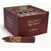 Box of 24 Oliva Serie V Premium Cigars, Belicoso natural cigars with dark wrapper and intricate cigar band.