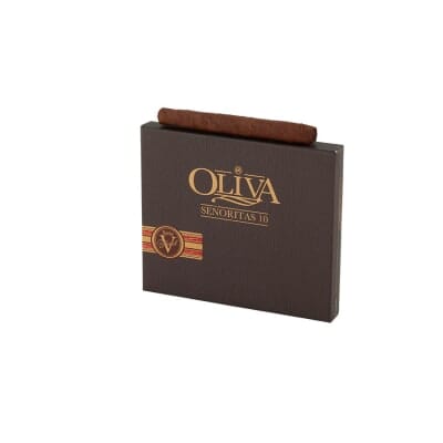 Oliva Serie V Senoritas premium cigars displayed in a box, showcasing the dark, oily wrappers and hand-rolled craftsmanship.