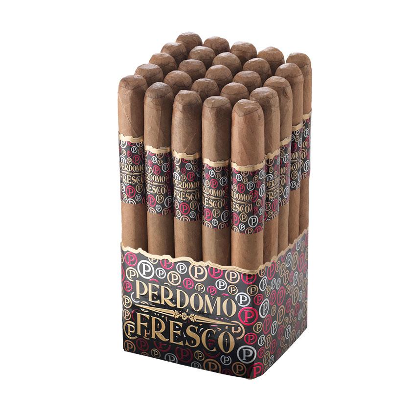 Perdomo Fresco Natural premium Churchill cigar with a smooth brown wrapper and visible band, resting on a wooden surface.