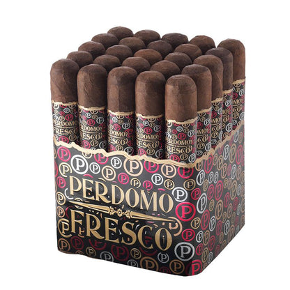 Perdomo Fresco Maduro premium cigar with a dark, oily wrapper and band, resting on a wooden surface.