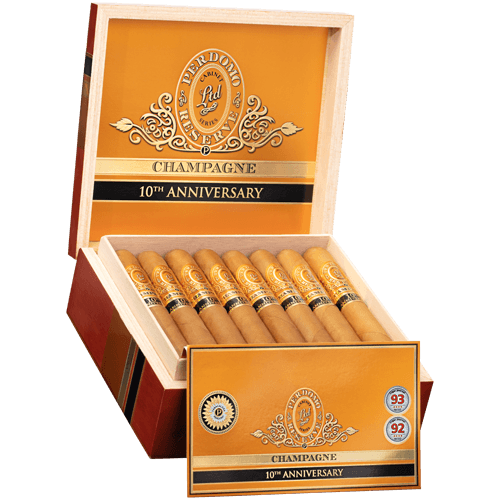 Open box of Perdomo Reserve 10th Anniversary Champagne premium cigars, showcasing the Connecticut wrapper and cigar details.