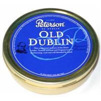 Peterson Old Dublin Pipe Tobacco in a 50g tin, showing the tin and tobacco blend inside, ideal for pipe smokers.