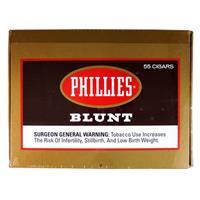 Box of Phillies Blunt Cigars, machine-made chocolate-flavored cigars in a 55-count box, from the Phillies brand.
