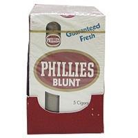 Box of Phillies Blunt Cigars, natural flavor, machine-made, 10 packs of 5 cigars each, totaling 50 cigars.