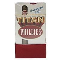 Pack of Phillies Titans natural machine-made cigars in a 5x10 pack, featuring the Phillies brand and 50 cigars total.