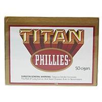 Box of Phillies Titans natural machine-made cigars, 50 count, with visible cigars arranged inside the packaging.