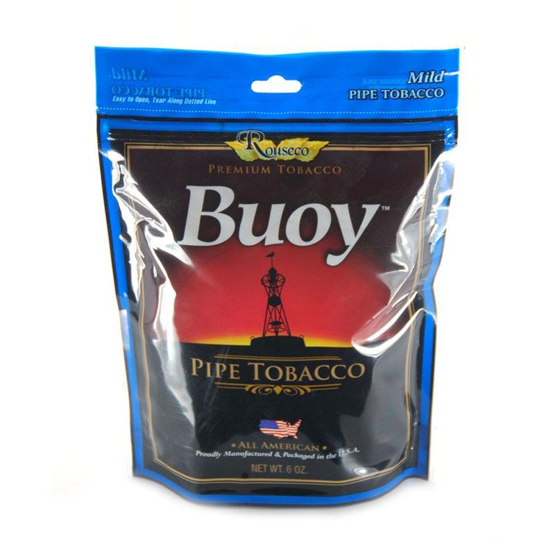 Buoy Blue Mild Pipe Tobacco in a 6oz bag, featuring shredded tobacco with blue and white packaging details.