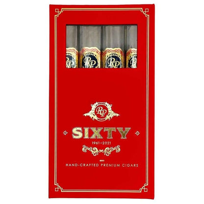 Assorted Rocky Patel Sixty premium cigars in a gift pack, showcasing four cigars with elegant packaging and branding.